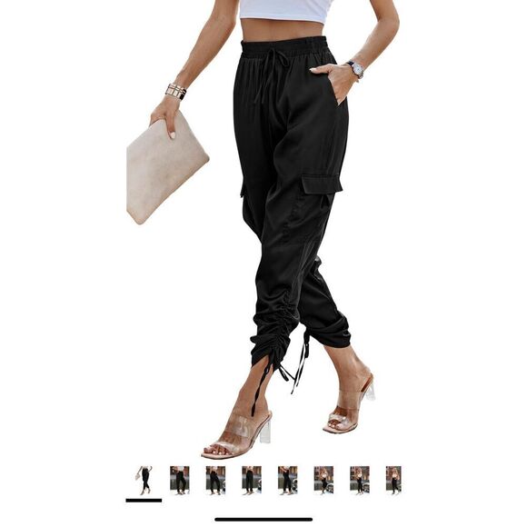 NEW Black Satin Jogger Pants High Waist Trousers with Pockets XL - Picture 1 of 6